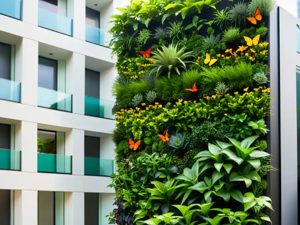 Un jardín vertical vibrante y moderno muestra una gran diversidad de plantas verdes, aumentando la biodiversidad en un entorno urbano