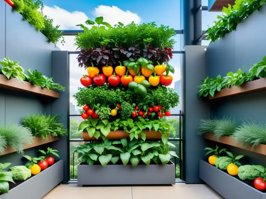 Un jardín vertical vibrante y moderno con hortalizas y hierbas coloridas creciendo en macetas apiladas, contrastando con el entorno urbano