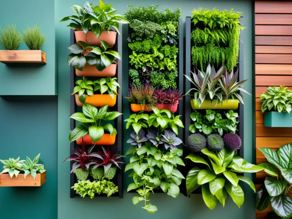 Un jardín vertical vibrante y moderno, lleno de plantas exuberantes y saludables, destaca por su innovación y sostenibilidad