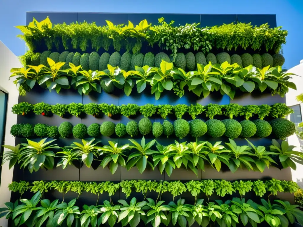 Un jardín vertical vibrante y moderno lleno de exuberantes árboles de aguacate, bañado por la luz del sol