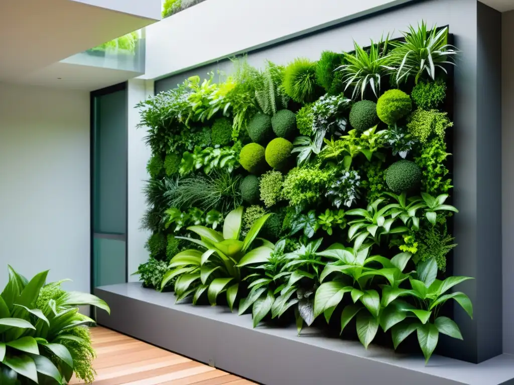 Un jardín vertical vibrante y moderno, lleno de plantas exuberantes en un entorno urbano contemporáneo