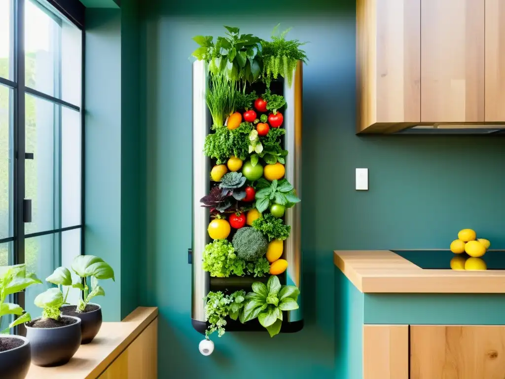 Un jardín vertical vibrante, moderno y lleno de exuberante vegetación y frutas y verduras coloridas, ilustrando las técnicas de cultivo en huertos verticales en espacios contemporáneos