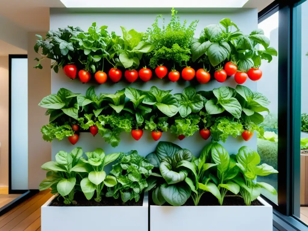 Un jardín vertical vibrante y moderno con múltiples niveles exhibiendo una variedad de cultivos como lechuga, fresas, hierbas y tomates