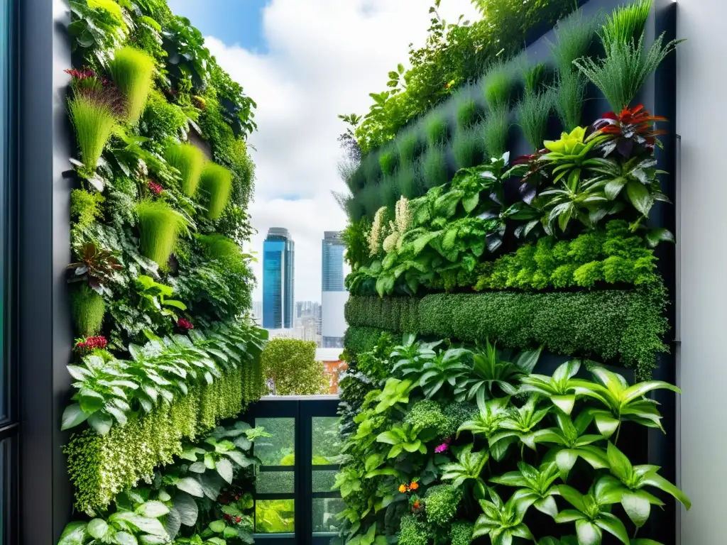 Un jardín vertical vibrante y moderno con permacultura en huertos urbanos verticales, en contraste con la arquitectura urbana contemporánea