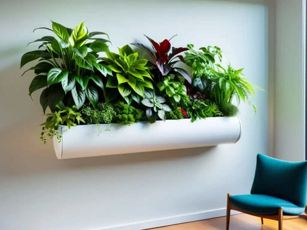 Un jardín vertical interior vibrante y moderno, con plantas verdes exuberantes en un elegante contenedor contemporáneo