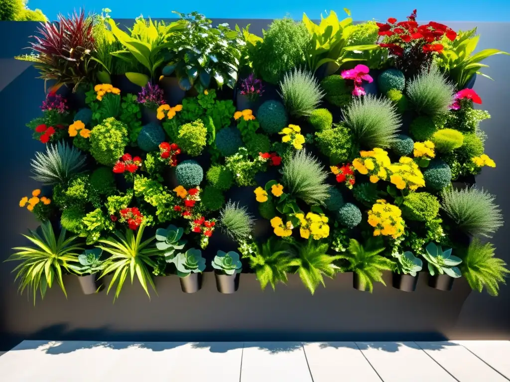 Un jardín vertical vibrante y moderno con plantas coloridas y flores exuberantes