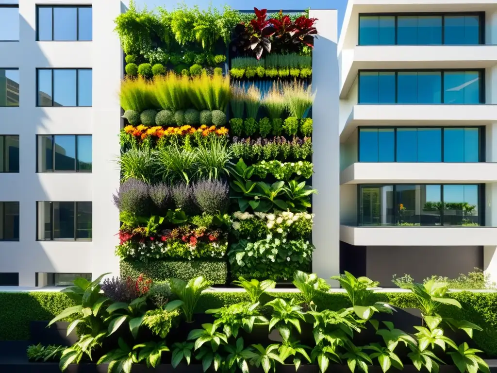 Un jardín vertical vibrante y moderno, con plantas y flores en patrones geométricos, restauración biodiversidad huertos verticales