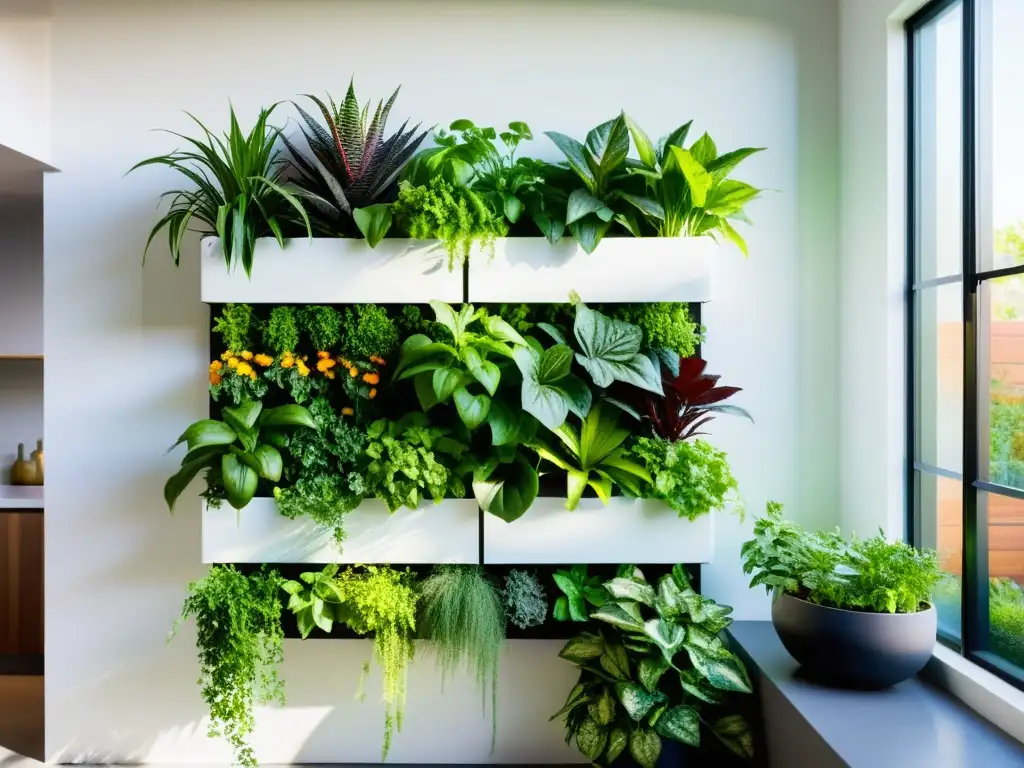 Un jardín vertical vibrante y moderno con plantas exuberantes, verduras y hierbas organizadas en jardineras escalonadas