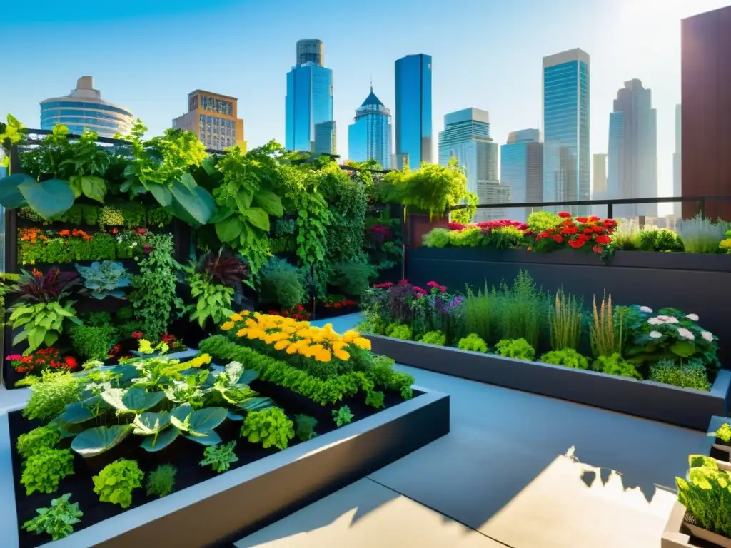 Un jardín vertical vibrante y moderno con plantas exuberantes, flores coloridas y hortalizas prósperas