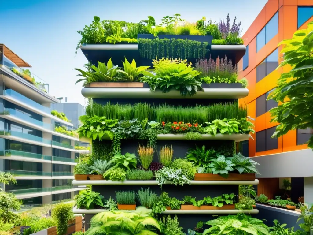 Un jardín vertical permacultural vibrante y moderno, integrando principios de huertos verticales permaculturales en un entorno urbano contemporáneo