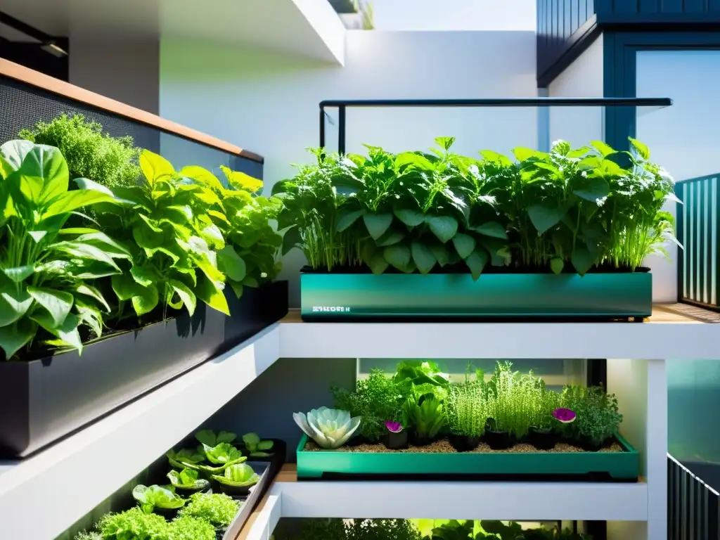 Un jardín vertical vibrante y moderno con un sistema de acuaponía, mostrando plantas exuberantes en un espacio urbano compacto