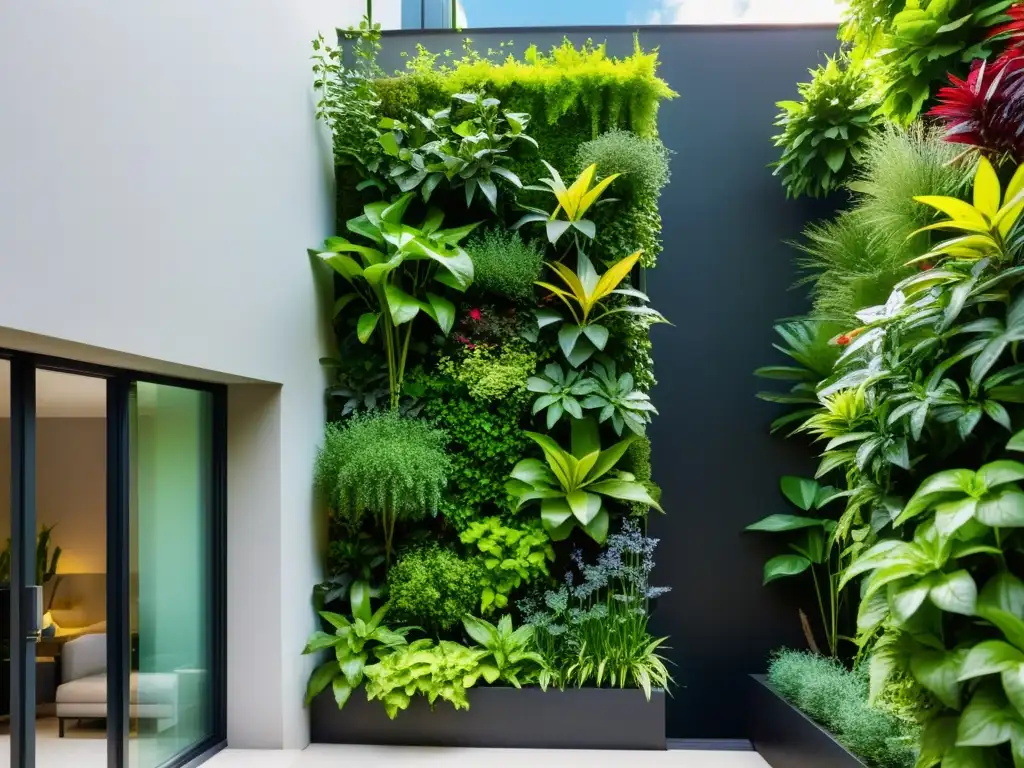 Un jardín vertical vibrante y moderno con una variedad de exuberantes plantas verdes en un entorno urbano