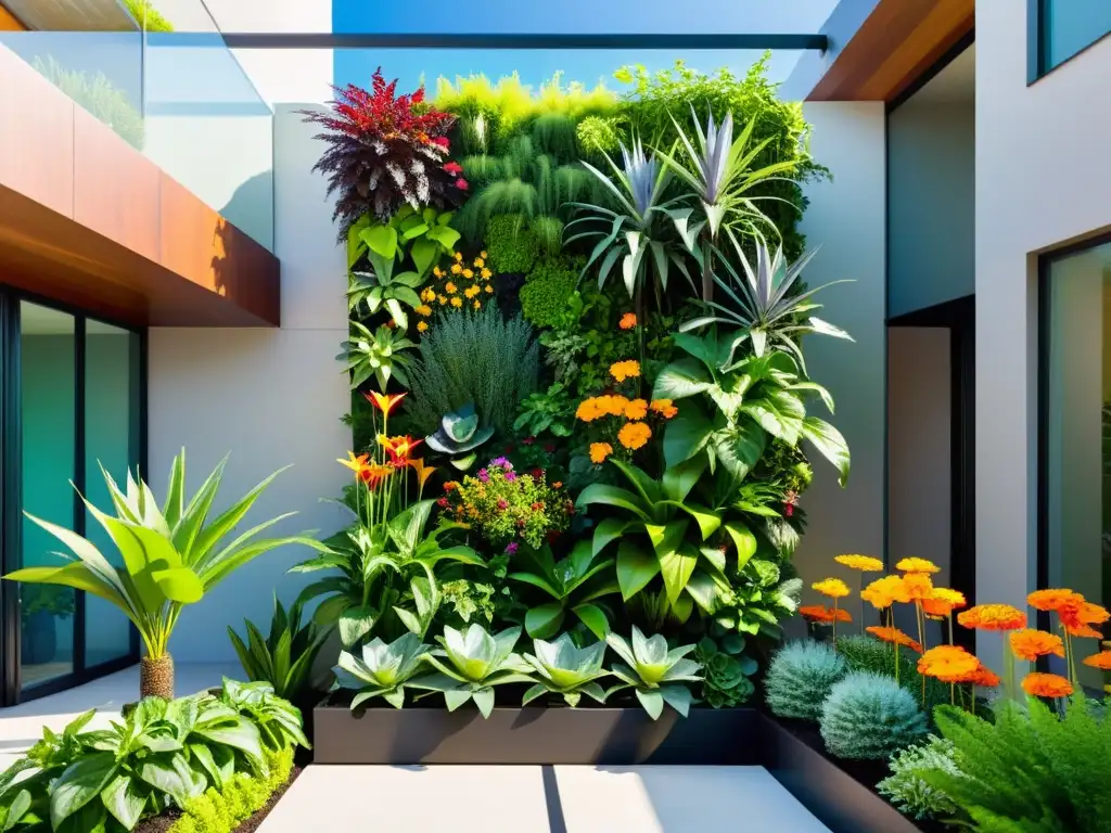 Un jardín vertical vibrante y moderno, con una variedad de plantas exuberantes y flores brillantes, en armonía con la arquitectura contemporánea