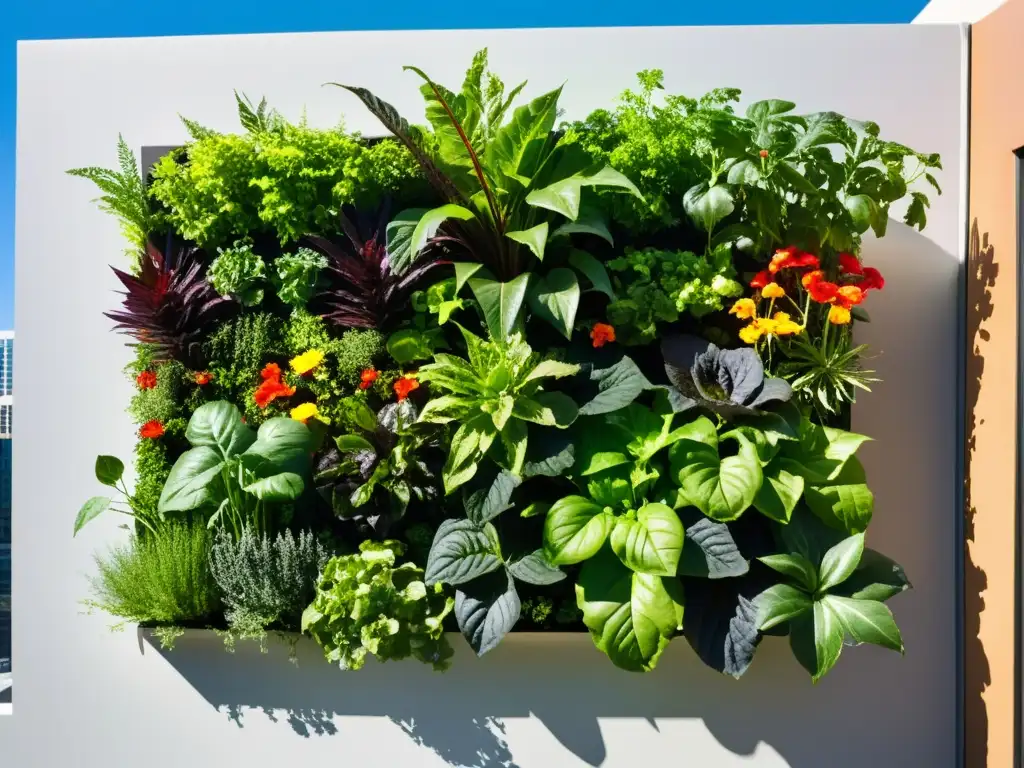 Un jardín vertical vibrante y moderno con una variedad de exuberantes vegetales y hortalizas coloridas