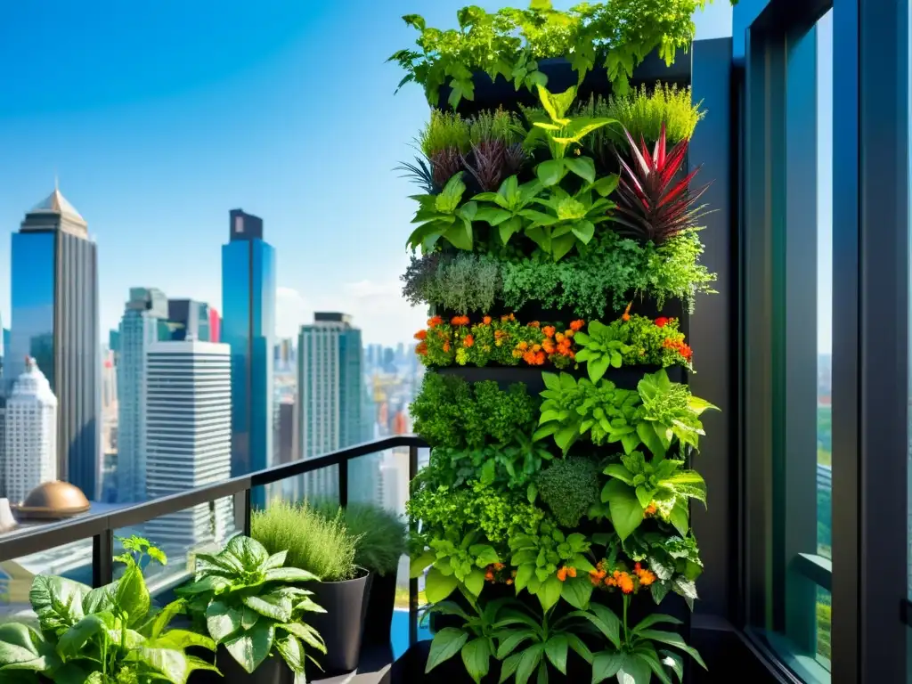 Un jardín vertical vibrante y moderno, con verduras y hierbas coloridas, en un entorno urbano