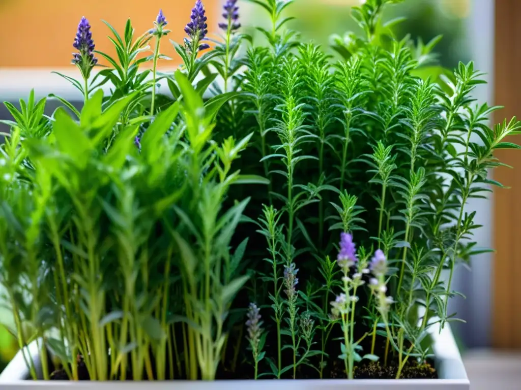 Un jardín vertical vibrante con plantas aromáticas como lavanda, romero y menta