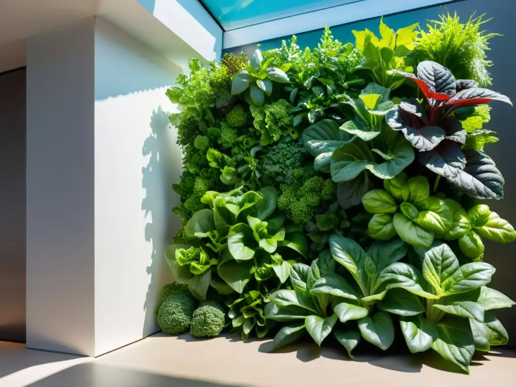 Un jardín vertical vibrante y próspero con los mejores cultivos para huerto vertical, rebosante de vida y frescura