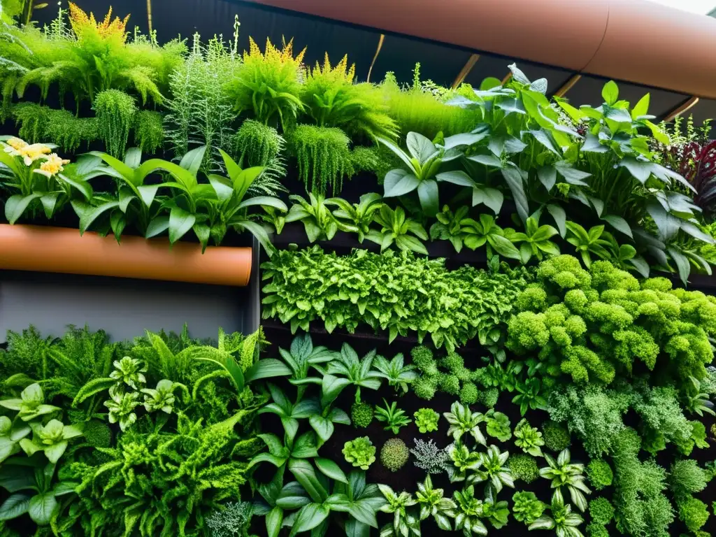 Un jardín vertical vibrante y próspero con plantas exuberantes en un plantero moderno, destacando el vermicompostaje en huertos verticales urbanos