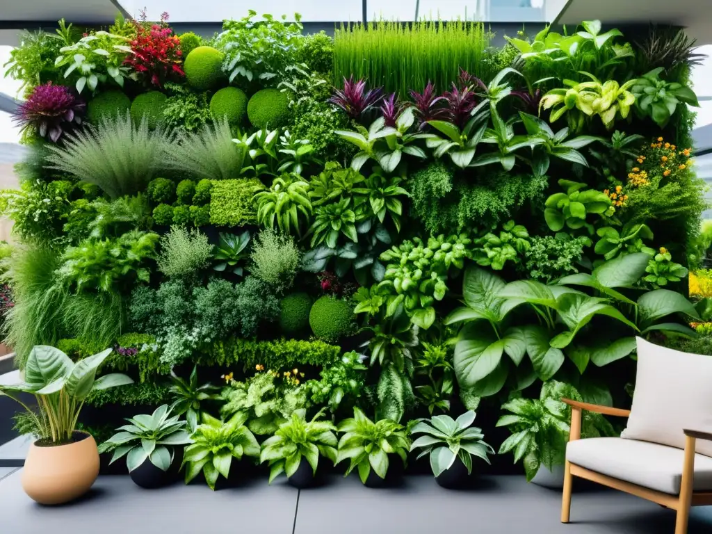 Un jardín vertical vibrante y próspero con una variedad de plantas en un entorno urbano moderno