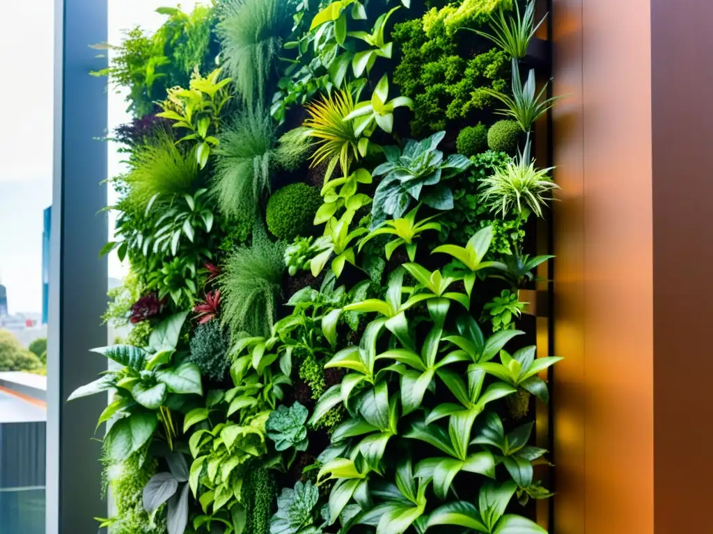 Un jardín vertical vibrante y saludable, bañado por la cálida luz del sol