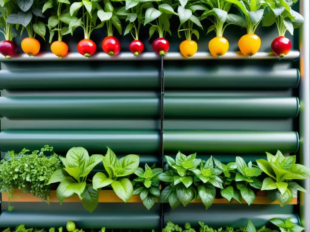 Un jardín vertical vibrante y saludable con frutas y verduras, mostrando un diseño moderno y eficiente riego