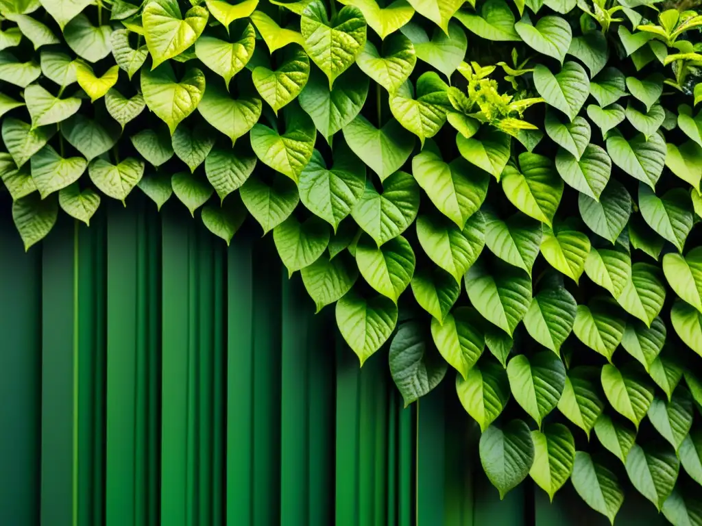 Un jardín vertical vibrante y saludable con patrones de hojas y tallos, bañado por la luz solar