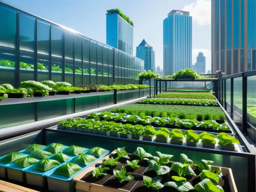 Viabilidad de la acuaponía en agricultura urbana: Granja urbana acuapónica en esquina de ciudad, con rascacielos de vidrio y verduras y peces