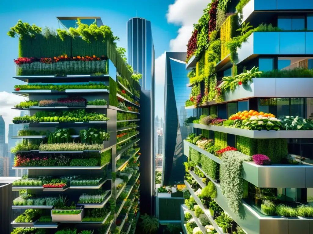 Vibrante agricultura vertical en ciudades con subvenciones, fusionando naturaleza y arquitectura moderna en un paisaje futurista de rascacielos