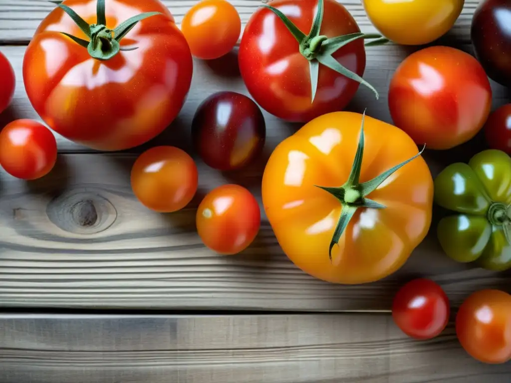 Un vibrante arreglo de tomates de diferentes tamaños y colores sobre tabla de madera