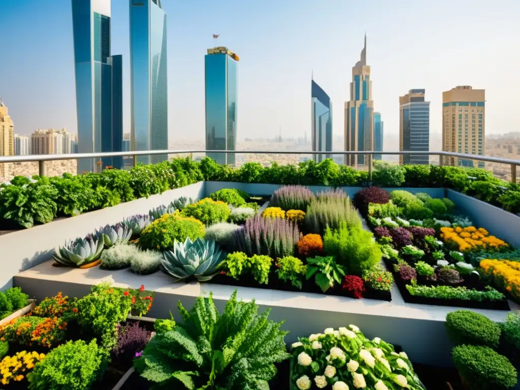 Vibrante jardín en la azotea de Oriente Medio, reflejo de la agricultura urbana en la región