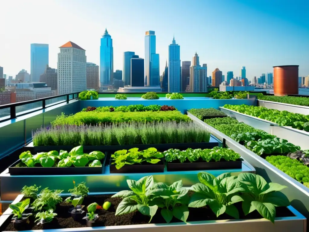 Una vibrante azotea urbana con exuberante jardín acuapónico, integrando naturaleza y tecnología