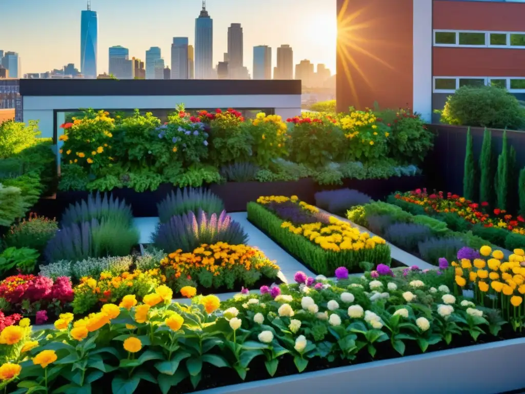 Vibrante jardín en la azotea urbana con polinización en huertos urbanos verticales