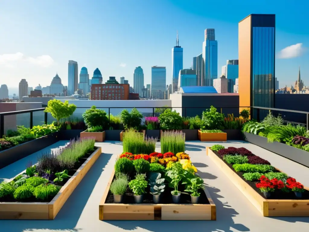 Un vibrante jardín de azotea urbano con plantas exuberantes y flores coloridas, rodeado de soluciones creativas huertos urbanos sostenibles