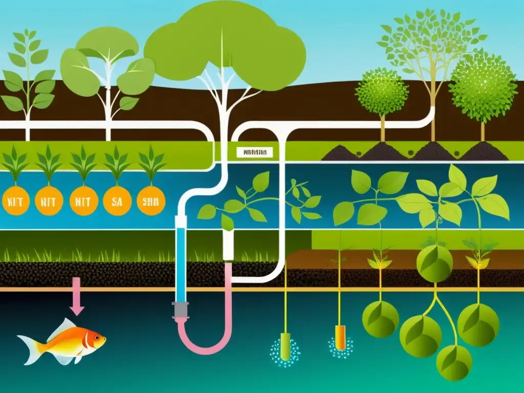 Vibrante ilustración de ciclo nitrógeno en acuaponía, destacando interconexión entre peces, plantas y bacterias