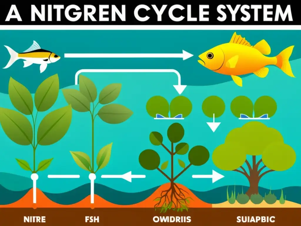 Vibrante ilustración del ciclo de nitrógeno en acuaponía