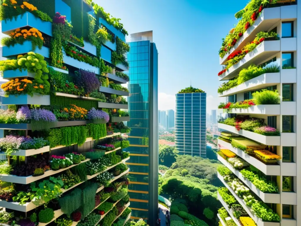 Vibrante ciudad con cultivos verticales para agricultura urbana y armonía entre naturaleza y vida urbana