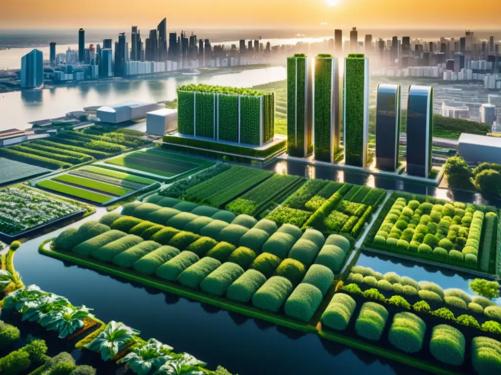 Vibrante ciudad futurista con granjas verticales iluminadas, reflejando la armonía entre naturaleza y tecnología