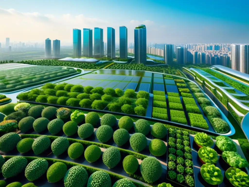 Vibrante ciudad futurista con jardines verticales y granjas hidropónicas, reflejando la integración de la agricultura urbana