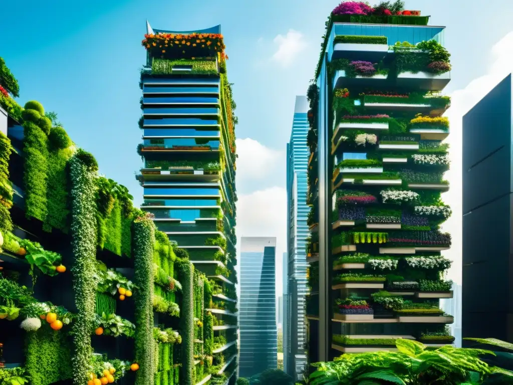 Vibrante ciudad futurista con rascacielos adornados de huertos verticales sostenibles urbanos, creando armonía entre naturaleza y desarrollo urbano