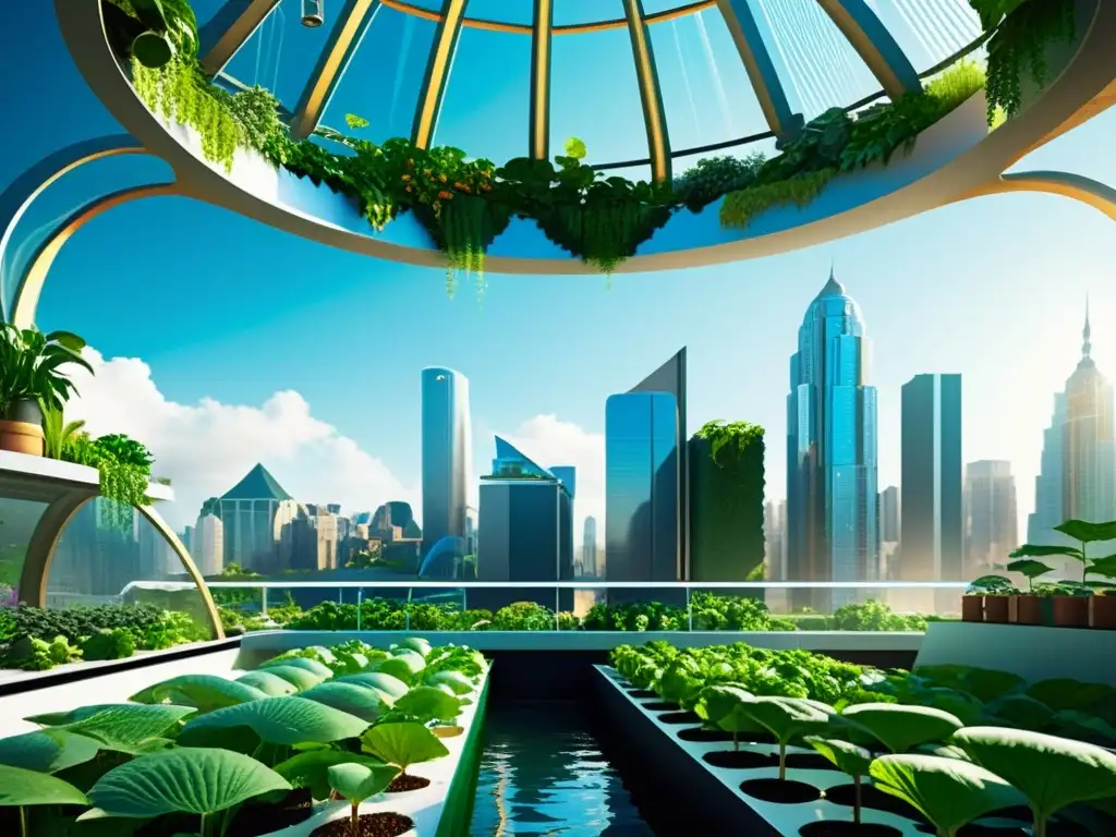 Vibrante ciudad futurista con sistemas acuaponía urbanos integrados, mostrando la armonía entre naturaleza y vida urbana moderna