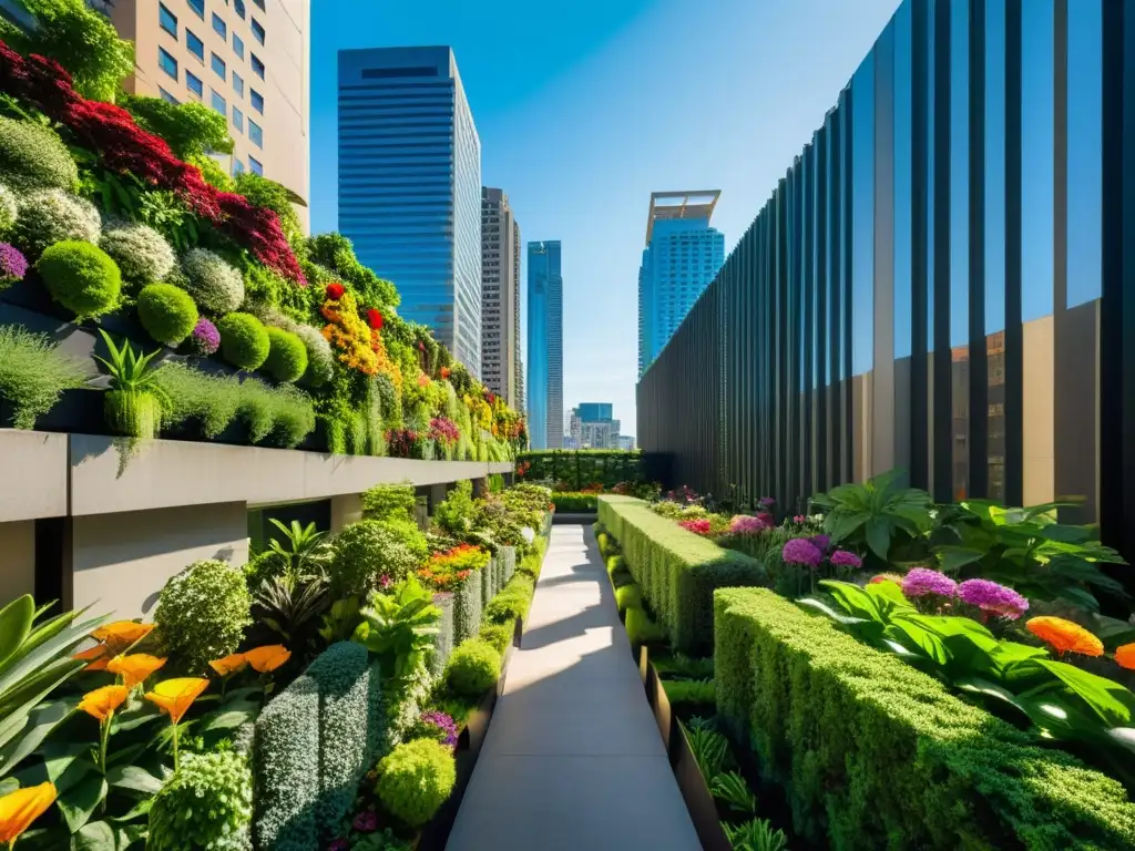 Vibrante ciudad con huertos verticales innovadores, una fusión perfecta de naturaleza y vida urbana