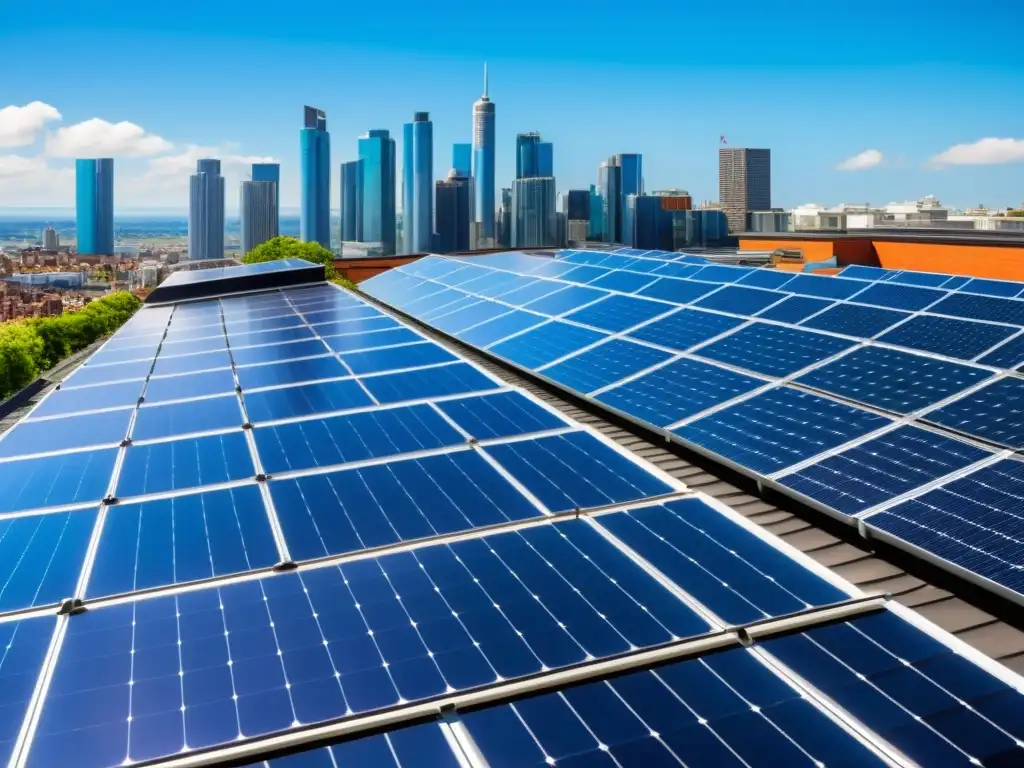 Una vibrante ciudad moderna con paneles solares en los techos, reflejando la luz del sol en un deslumbrante espectáculo de energía sostenible