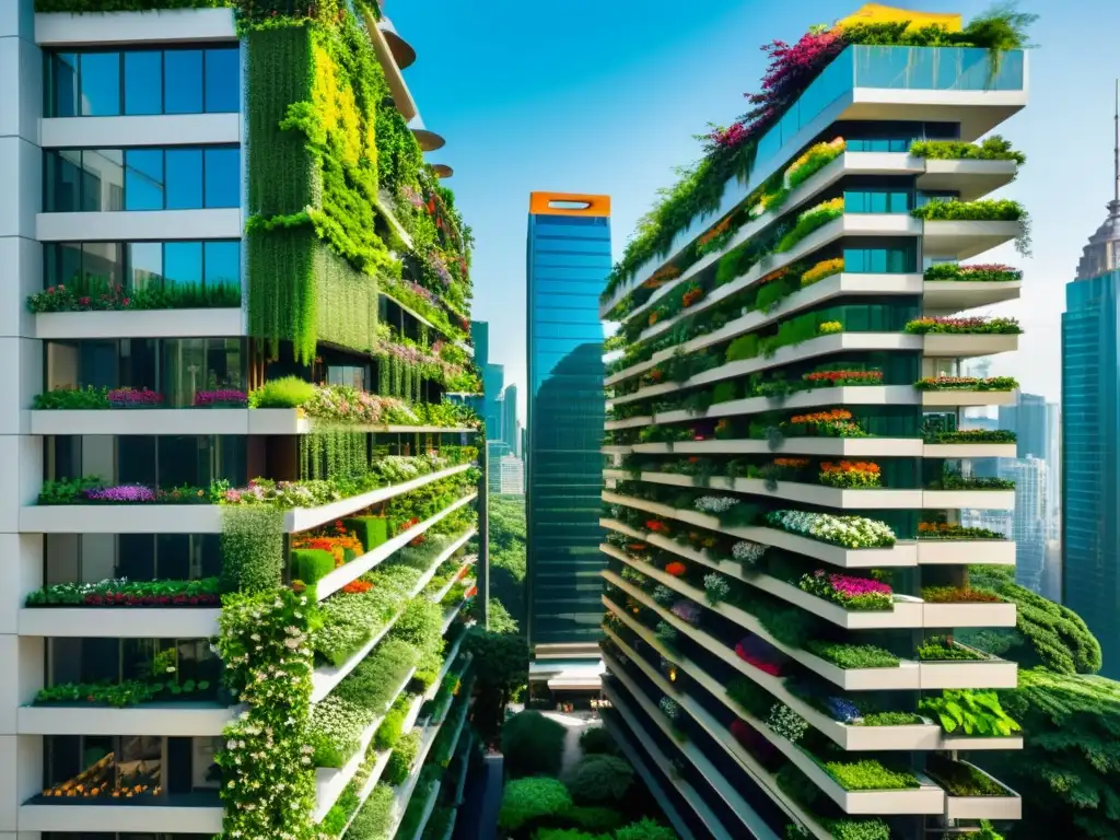 Vibrante ciudad con rascacielos futuristas y exuberantes huertos verticales, reflejando la normativa huertos verticales en ciudades