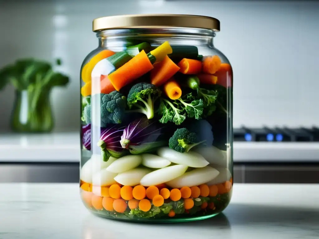 Vibrante fermentación en la cocina urbana: vegetales coloridos en tarro de vidrio con burbujeante líquido, sobre encimera moderna iluminada