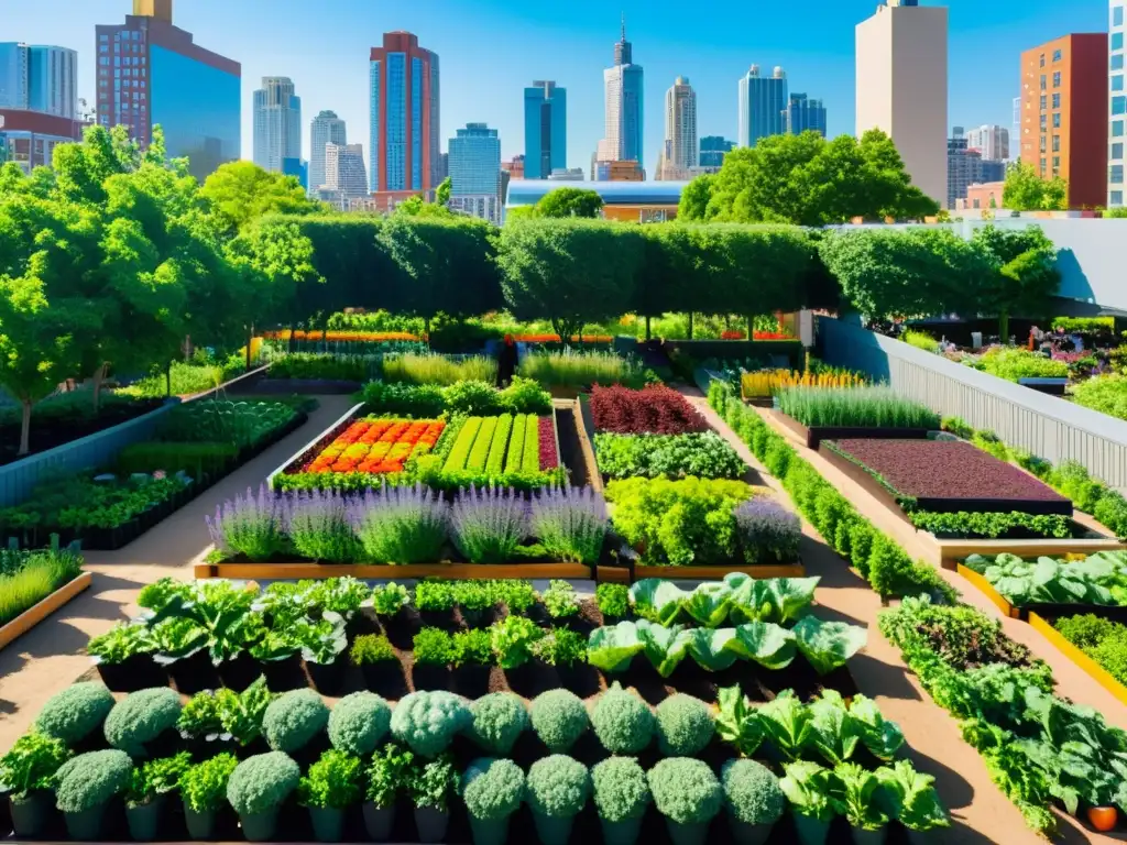 Una vibrante comunidad de agricultura urbana innovadora en el corazón de la ciudad, con gente diversa y exuberante vegetación