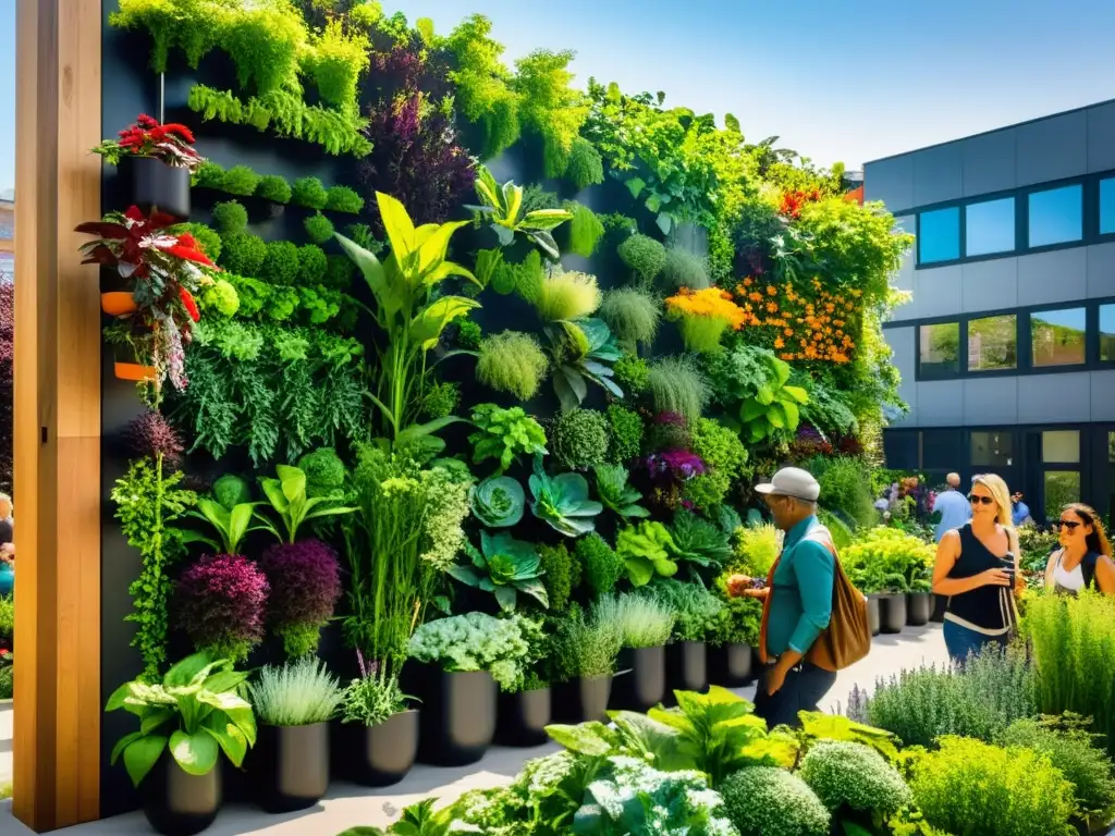 Una vibrante comunidad urbana disfruta de los beneficios de un huerto vertical, cultivando plantas y compartiendo en un oasis verde en la ciudad