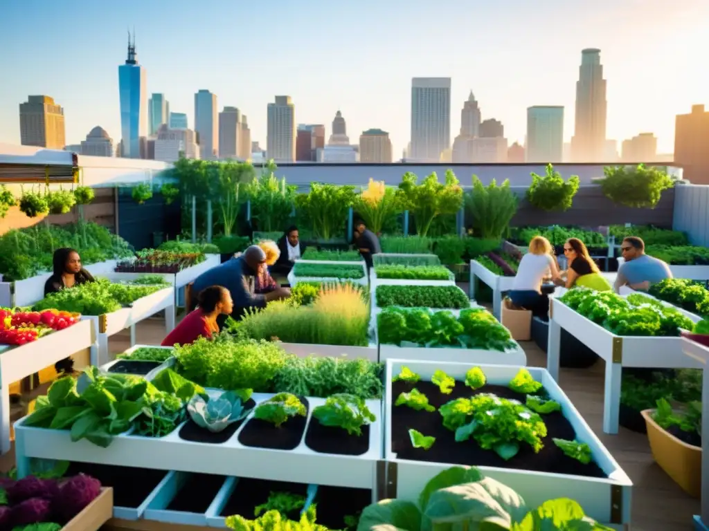 Una vibrante comunidad en un jardín urbano, sensibilizando sobre agricultura urbana