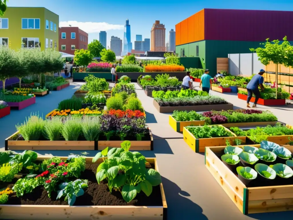 Una vibrante comunidad en jardín urbano, reflejando la producción local inclusiva en agroecología urbana