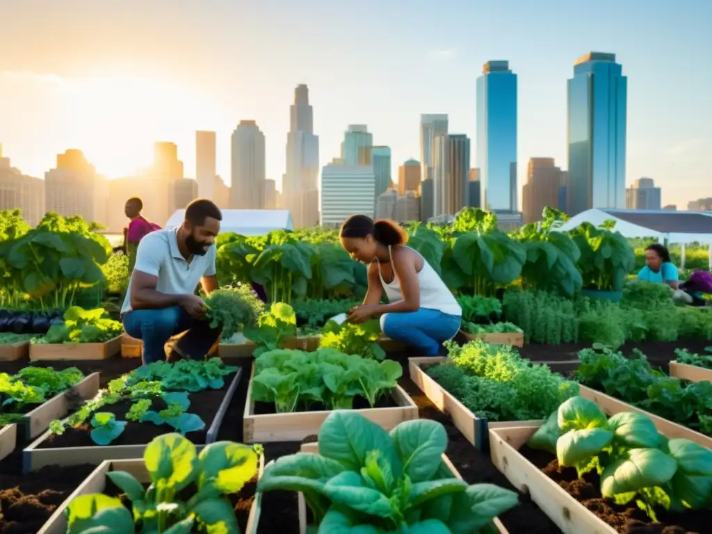 Un vibrante jardín comunitario en la ciudad, donde agricultores urbanos colaboran en prácticas sostenibles