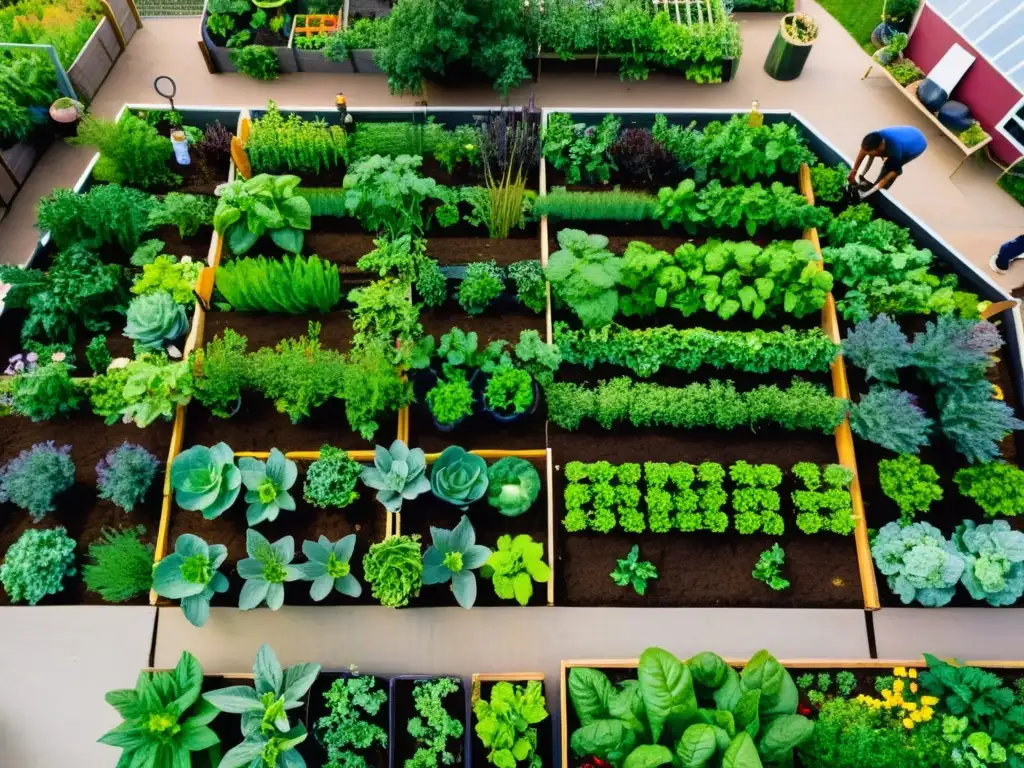 Un vibrante jardín comunitario en el corazón de la ciudad, con participantes de todas las edades y orígenes en talleres de agricultura urbana